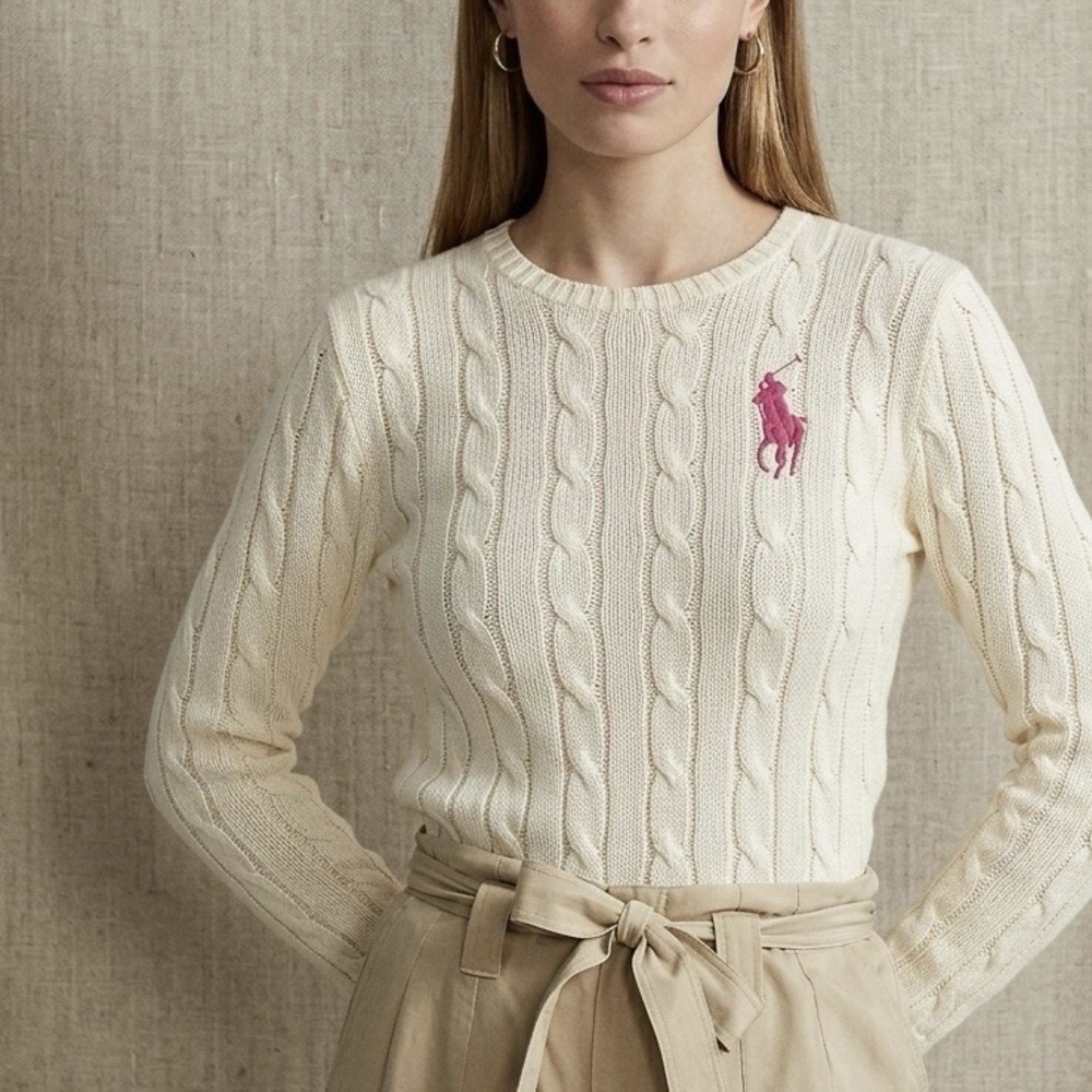 POLO RALPH LAUREN Big Pony Sweater Women's XS Cream Cable Knit Pima Cotton